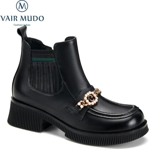 VAIR MUDO Women Ankle Boots Shoes Thick Bottom Round Toe Black Elegant Fashion Genuine Leather Footwear Boots WM-X286-C