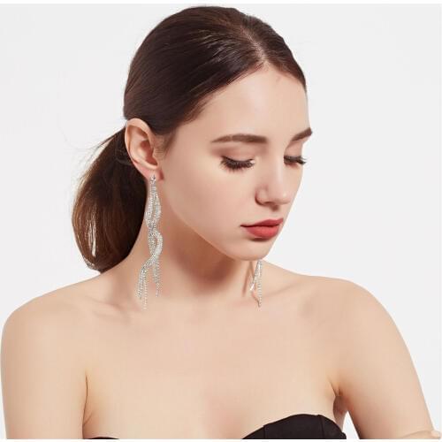 CRLEY Long Womens Tassels Rhinestone Flash Dangle Earrings Female Jewelry S Shape Rotate Femme Pendante Elegant Earrings