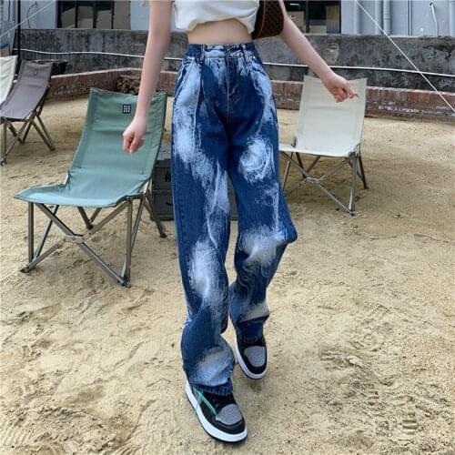 Harajuku Style Women Jeans Blue Tie Dye Wide Legs Straight Loose Mopping Pants Fashion Personality Female Denim Trousers