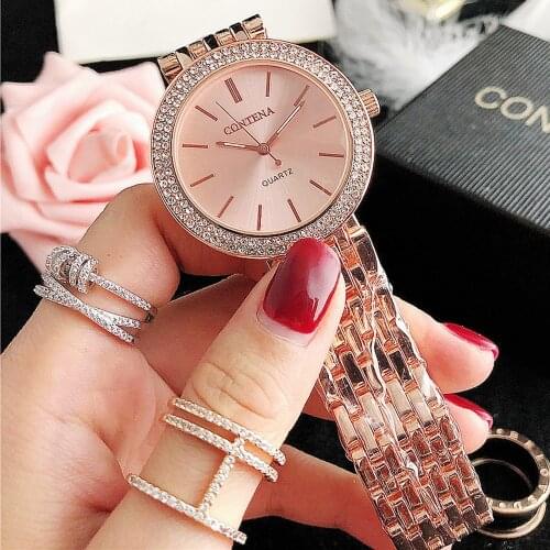 2021 Watch Women Contena Ladies Quartz Watch Full Stainless Steel Rhinestone Wristwatches Womans Watch Rose Relojes Para Mujer