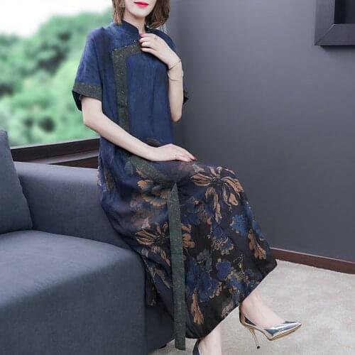 Women long ethnic dress summer elegant costume oriental traditional Tang suit clothing print flower robe national gown