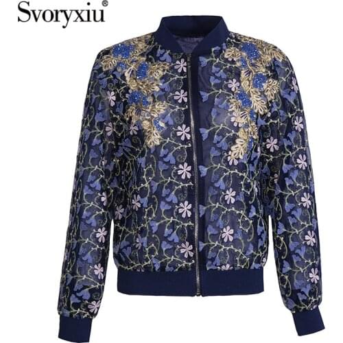Svoryxiu Designer Autumn Women Retro Coat Stand Collar Lantern Sleeve Net Yarn Thin Floral Embroidery Straight Type Casual Coat