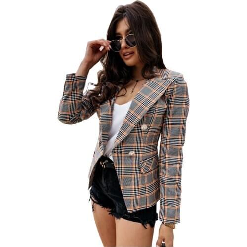 2020 New Fashion Autumn Women Plaid Blazers Work Office Lady Suit Slim Double Breasted Business Female Blazer Coat S-3XL
