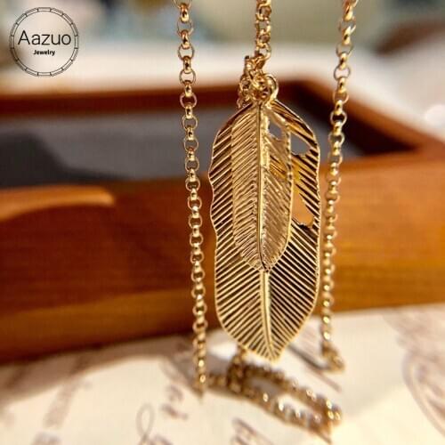 Aazuo Fashion Hot sale Instagram Stype 18K Orignal Yellow Gold Double Feather Chain Necklace Gifted for Women Au750