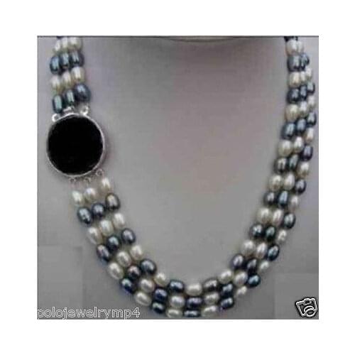 Free shipping hot sale Jewelry 3 Rows Oval White / Black Pearl Necklace