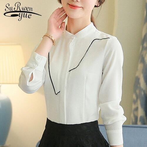 Blusas 19 New Women Tops OL Solid Cardigan Long Sleeve Chiffon Blouse Embroidery Stand Collar White Khaki Womens Shirt 5411 50