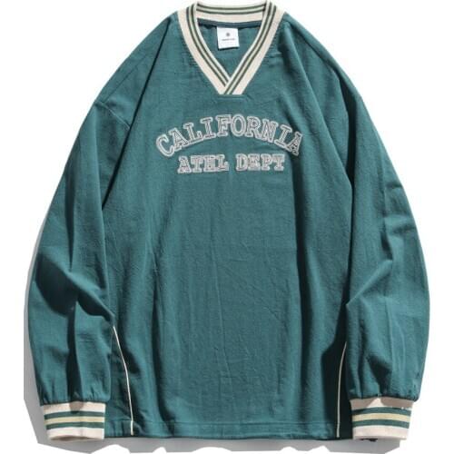 Mens Wear Letter Embroidery Long Sleeve T-shirt Mens Fashion Brand V-neck T-shirts Loose Fit Harajuku Streetwear For Man