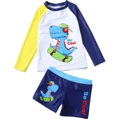 Cartoon Long Sleeve Kids Boys Rash Guard Swimsuit Two Piece UV Protective UPF50+ Little Boys Trunks Swimwear Bathing Suit 2-8