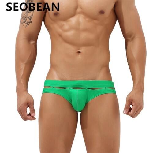 SEOBEAN Mens Swimming Suits Fashion Solid Color Swim Wear Hot Spring Hollow Out Sexy Small Swimming Briefs