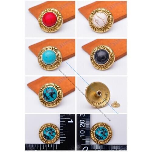Brass Real Turquoise Stone conchos rivets flower carved decoration buttons for leather craft bag saddle belt decor