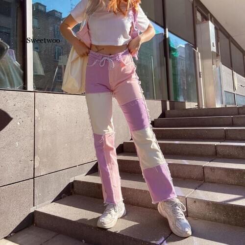 Fashion Women High Waist street wear, hip hop Straight trousers, patchwork design button fly casual female Pants