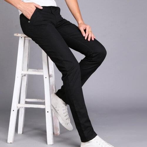 Men Solid Color Button Cotton Straight Long Pants Pockets Business Trousers