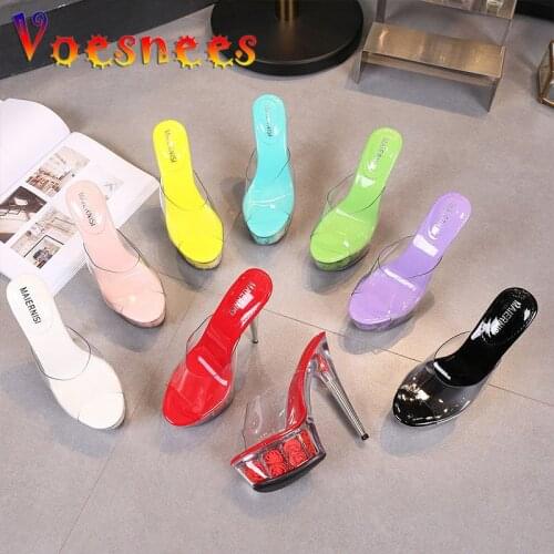 Sandals Woman 2021 Rose Tremble Mules Shoes Slides PVC Transparent Slippers Waterproof Platform Crystal 15CM Super Heels Size 42