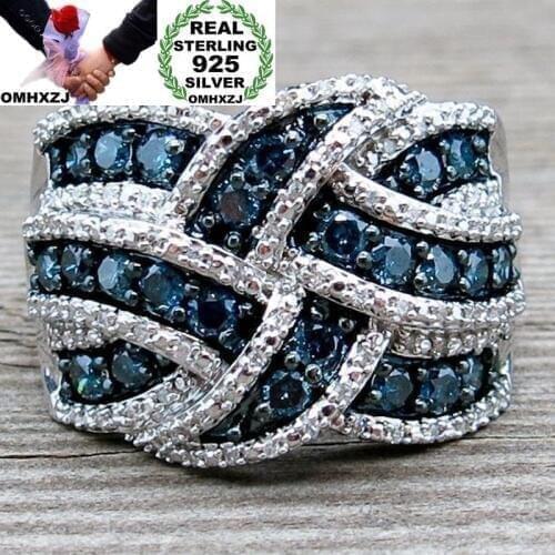OMHXZJ Wholesale European Fashion Woman Man Party Wedding Gift Silver Luxury Full Blue AAA Zircon 925 Sterling Silver Ring RR65