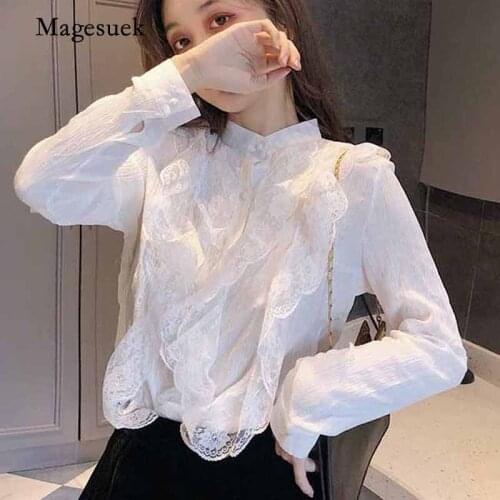 Autumn Chic Stripe Cardigan Stand Collar Women Elegant Blouse Lace Stitching Lady All-match Bottoming Chiffon Shirt Blusas 12046