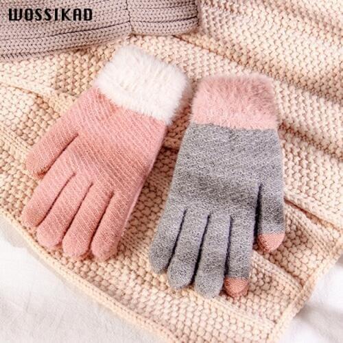 Touch Screen Glove Woman Winter Keep Warm Thickening Knitting Gloves Lovely Wool Imitate Plush Mink The Five Fingers Hiver Femme