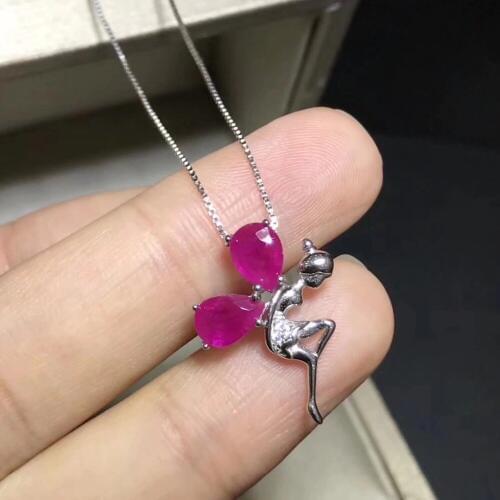Natural red ruby gem pendant S925 silver Natural gemstone Pendant Necklace trendy Fashion Angel wings women girl gift jewelry