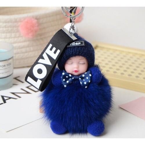 Pompom Sleeping Baby Keychain Cute Fluffy Plush Doll Keychains Women Girl Bags Keyrings Gift pendant marshall key holder