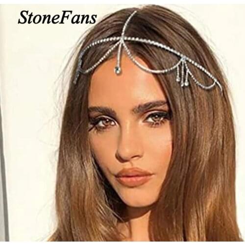 Stonefans Bohemian Rhinestone Head Chain Forehead Jewelry Bride for Women Simple Crystal Tassel Chain Headband Headdress Wedding