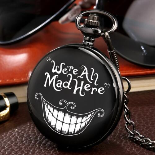 Accept Customized Alice in Wonderland We're All Mad Here Quartz Pocket Watch Black Chain Pendant Gift for Men Women Dropshipping