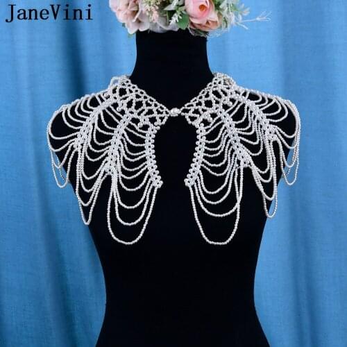 JaneVini 2021 Luxury Imitation Pearls Bridal Shoulder Collar Necklace Sexy Boho Women Body Chain Beach Wedding Dress Accessories