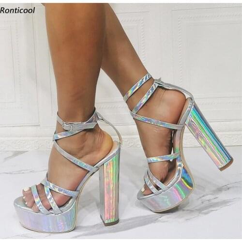 Ronticool Handmade Women Platform Glossy Sandals Strappy Buckle Block Heel Open Toe Gorgeous Silver Party Shoes US Size 5-20