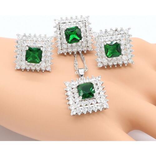 Sterling Silver Green Cubic Zirconia Trendy Pendant Necklace Earring and Ring Jewelry Sets for Ladies Fashion Gift