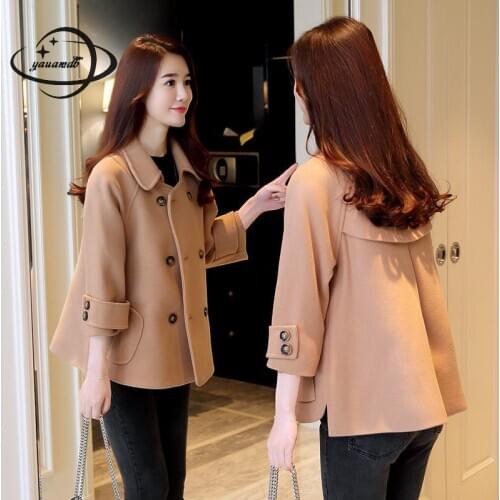 Yauamdb Women Wool Spring Autumn S-2xl Female Solid Woolen Coat Blends Double Breasted Jacket Pocket Fashion Loose Outwear Ly115