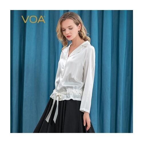 VOA 19m/m Satin Smooth Silk Business Suit Collar Raglan Long Sleeve Pleated Waist Lace-up Single-Breasted Shirt Women B3072