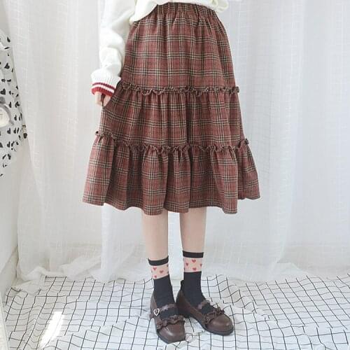 2018 Winter Womens Plaid Checks Knee Length Skirt Long Skirt Casual Womens Skirt Elastic Waist Mori Girl Style 3 Colors