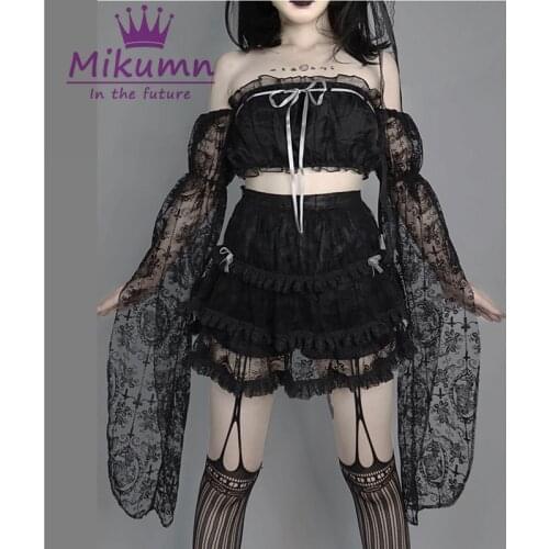 Gothic Lolita Vintage Lace Shirts Women Sexy Off Shoulder Bow Lace-up Flare Sleeve Crop Top Blouse
