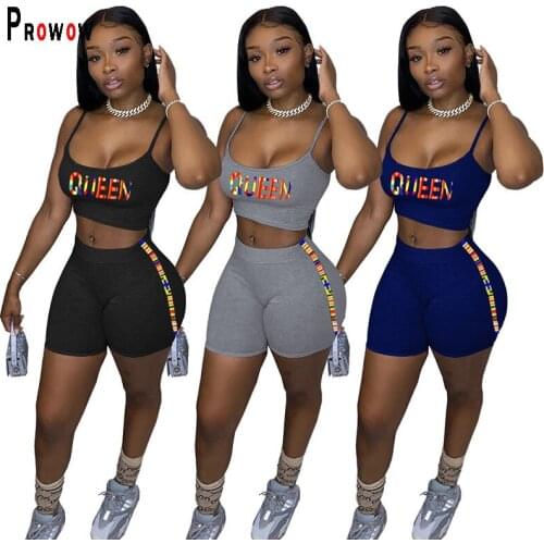 Prowow Summer Women Fitness Sportsuits Corset Tops Shorts Two Piece Tracksuits for Jogging Letter Prints Casual Streetwear