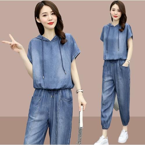 Summer Plus size Hooded Denim Sets Women 2021 New Korean Fashion Thin Short-sleeved Loose Top+Jeans Female Casual Two-piece suit
