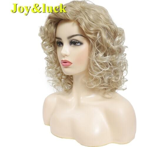 Joy&luck Short Curly Wig Synthetic Hair Wigs Gold Mix Blonde Color Womens Full Wig with Bangs Natural Daily Hair Style
