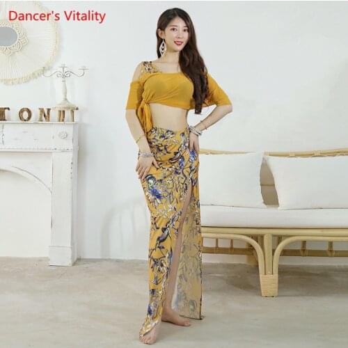 Belly Dance Suit Mesh Sequins Top Printed Ice Silk Skirt Performance Clothes Set Oriental Dancing Female Adult Practice Clothing