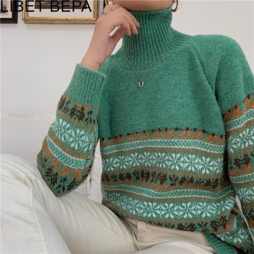 New 2020 Autumn Winter Women Sweater Turtleneck Pullovers Knitted Floral Korean Style Vintage Oversize Wild Lady Jumpers SW6807