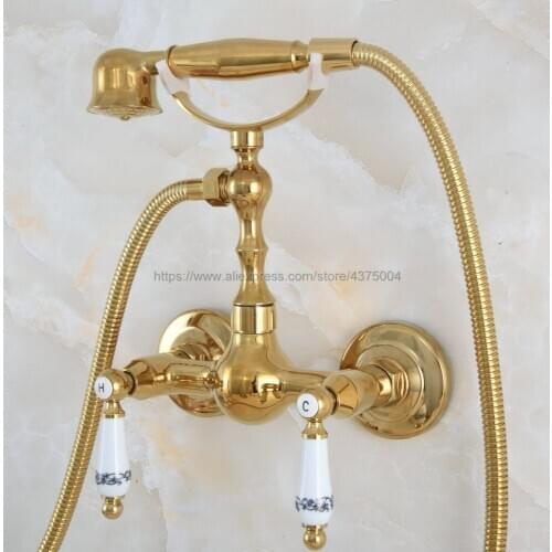 Gold Color Brass Wall Mounted Bathroom Faucet Double Ceramic Handles Hand Held Shower Head Kit Shower Faucet Sets Nna841
