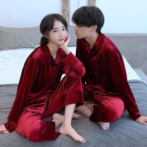 2020 Autumn Winter Couple Long Sleeve Gold Velvet Pajama Sets for Women Sleepwear Pyjamas Homewear Pijama Mujer Men Home Clothes