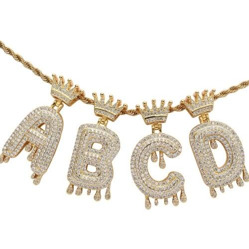 A-Z 26 English Letters Iced Out Pendant Gold Crown Initial Bubble Letter Drip Charms Jewelry Chain Necklace for Man Hiphop