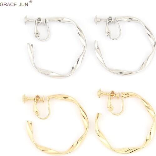 GRACE JUN Korea Style Big Hoop Copper Material Geometric Clip on Earrings Without Pierced Elegant Cuff Ear Clip Anti-allergy New