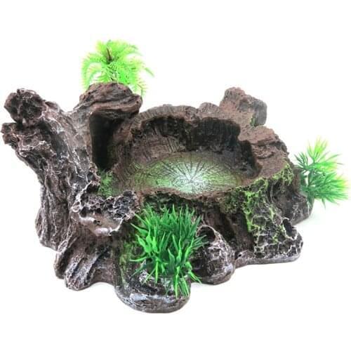 Reptile Decor Resin Reptile Platform Artificial Tree Design Reptile Water Dish Bowl for Lizard, Gecko, Water Frog