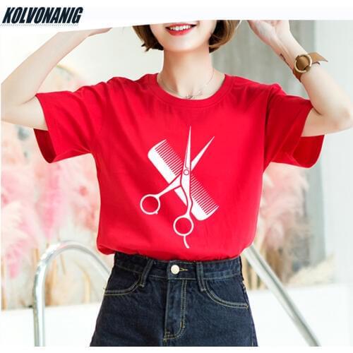 Hip-Hop Simple Splicing Casual T-Shirts Women Gift Tee Tops Hairdresser Stylist Scissors Comb Print O-Neck Short Sleeve T Shirts