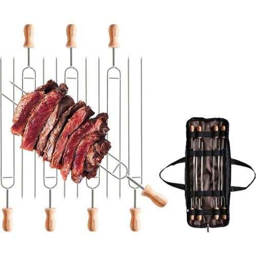 8 Pcs Stainless Steel Wooden Handle Outdoor Camping BBQ Fork Needle with Package Bag