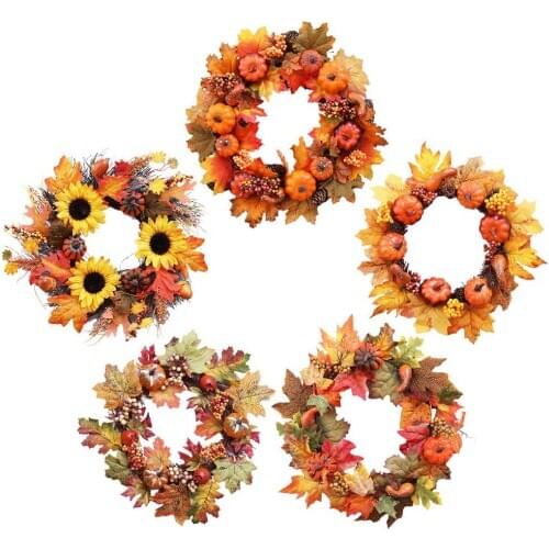 Artificial Pumpkin Wreath Berry Maple Leaf Sunflower Fall Wreath Door Home Decor Garland For Halloween Thanksgiving Decoration