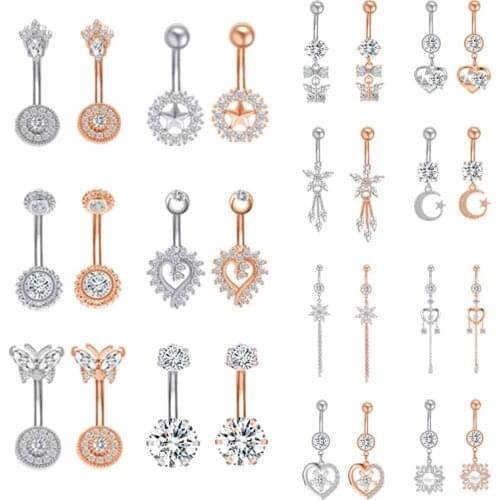 ZS 14g Stainless Steel Belly Button Ring Tassel Drop Dangle Belly Ring for Women Heart Zirconia Belly Navel Piercing Rose Gold