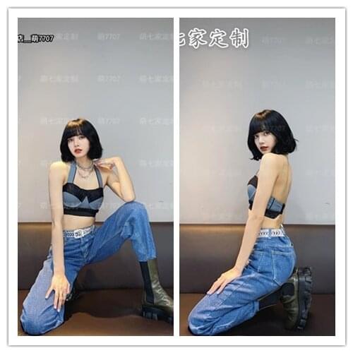 Kpop TWICE EXO IU dance show same sexy sleeveless strapless halter vest tops + blue loose High waist jeans two piece set women