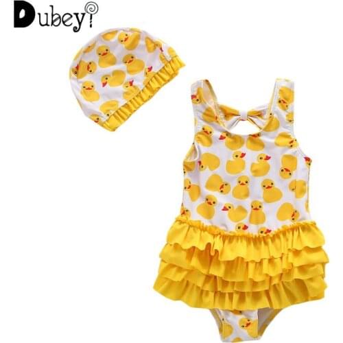 Girls Swimsuits Sunscreen Quick Dry Swimwear Swim Cap Two Piece Set Baby Girl Swimsuit Yellow Duck Print Swimming Bikini
