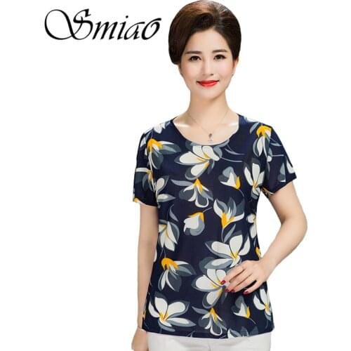 2020 Summer T-shirt Women Printed Milk Silk Short Sleeve Womens T shirt Middle-aged Mother Clothes Plus size L-4XL Female Tops