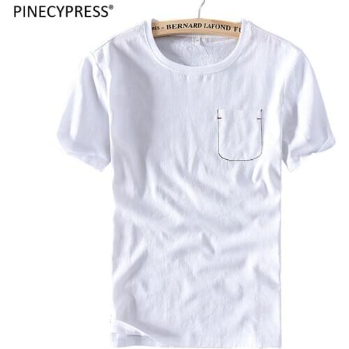Linen Cotton Cool Breathable Soft Men T Shirt Short Sleeve Pocket Decoration Summer Casual White O-neck Quality Man T-shirts