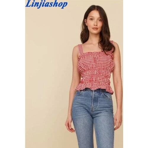 Causal Red Camis For Women Square Collar Spaghetti Strap Print Sleeveless Hit Color Ruffles Summer Tank Top Vests